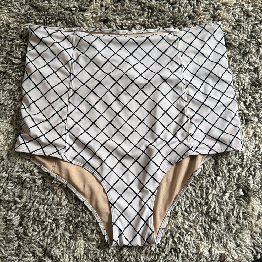 Kortni Jeane High Waist Swim Bottoms White Black Grid Windowpane 2X XXL 2XL